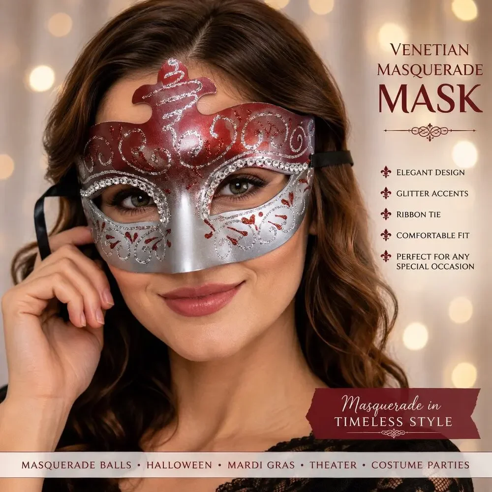 Red Silver Venetian Masquerade Mask Glitter Scrollwork Mardi Gras Halloween